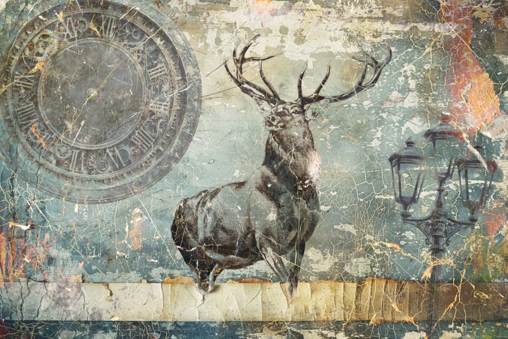 Vintage Stag Clock Lantern by Rafal Kulik — canvas wall art