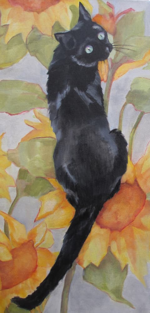 Black Cat Among Sunflowers by Maxine Shore — canvas wall art