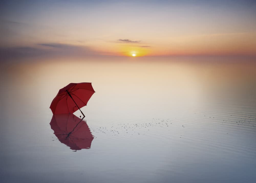 Red Umbrella Sunset Reflection by Fatma GÖKMEN — canvas wall art