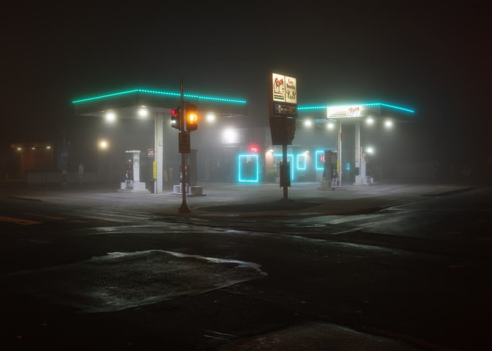Foggy Gas Station Night by Scott J. Pilla — canvas wall art