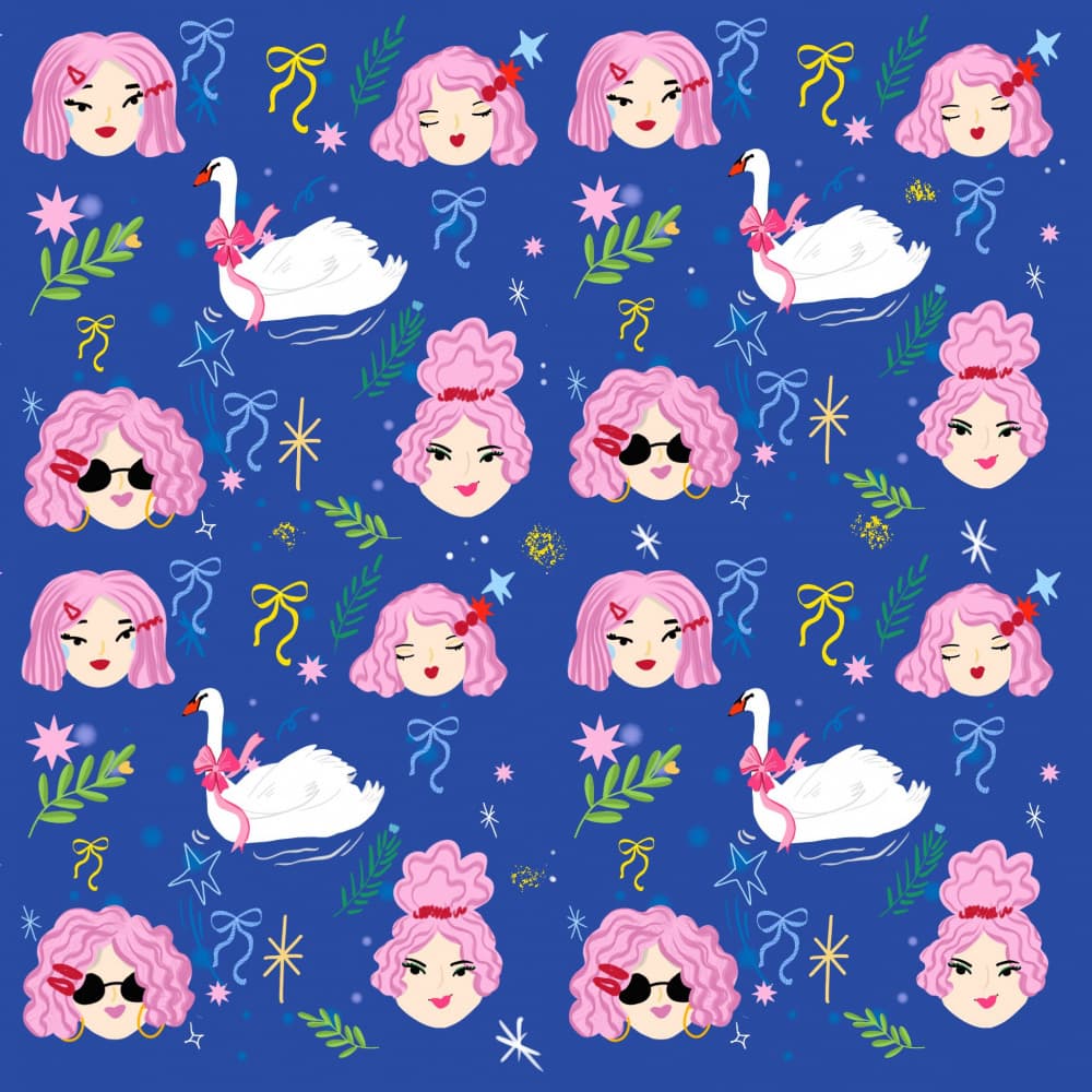 Whimsical Girls Swans Pattern by sucidraw — canvas wall art
