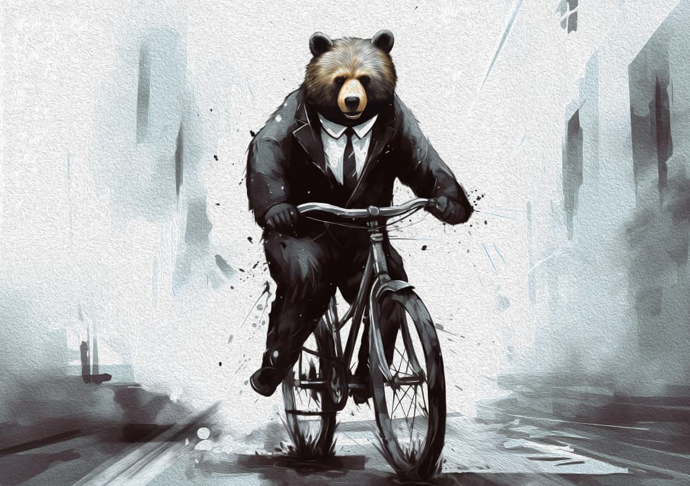 Suited Bear Cycling by Andreas Magnusson — canvas wall art