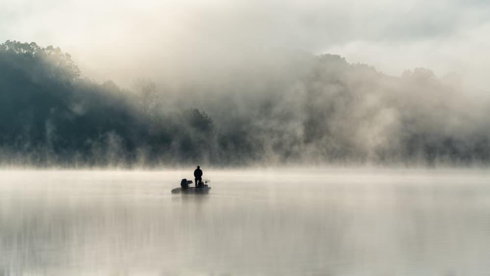 Lone Fisherman Misty Lake by Yu Mao — canvas wall art