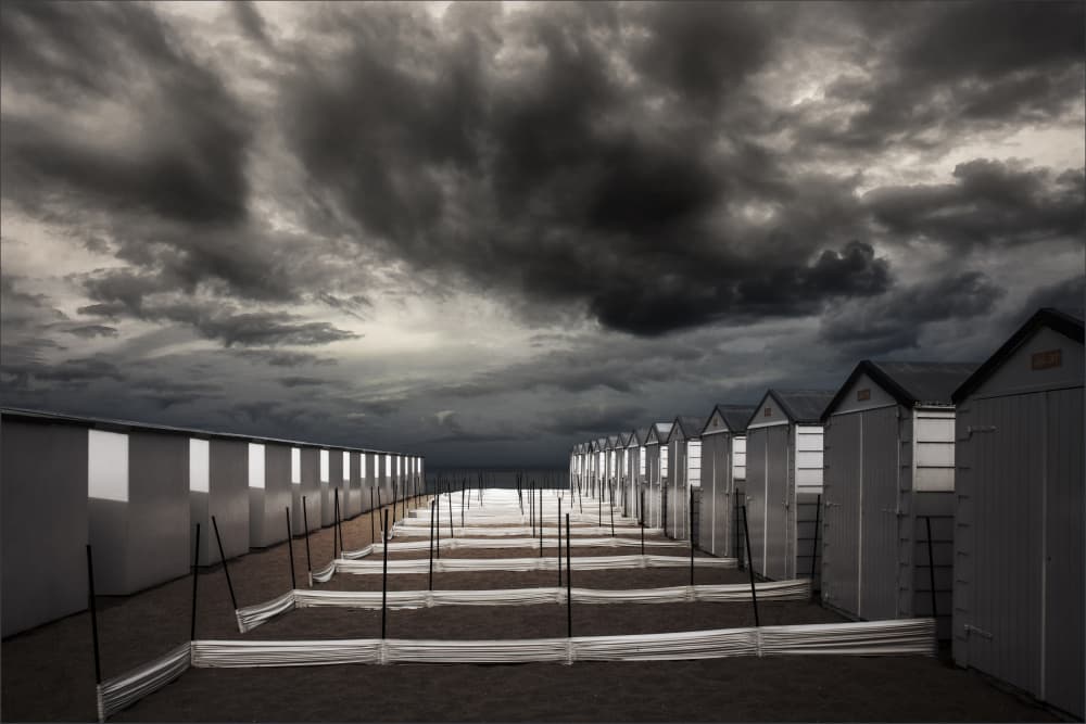 Stormy Beach Huts by Gilbert Claes — canvas wall art