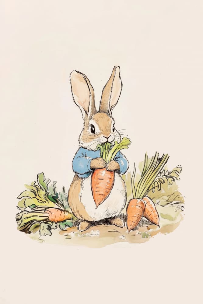 Bunny Eating Fresh Carrots by Melloi Art Prints — canvas wall art