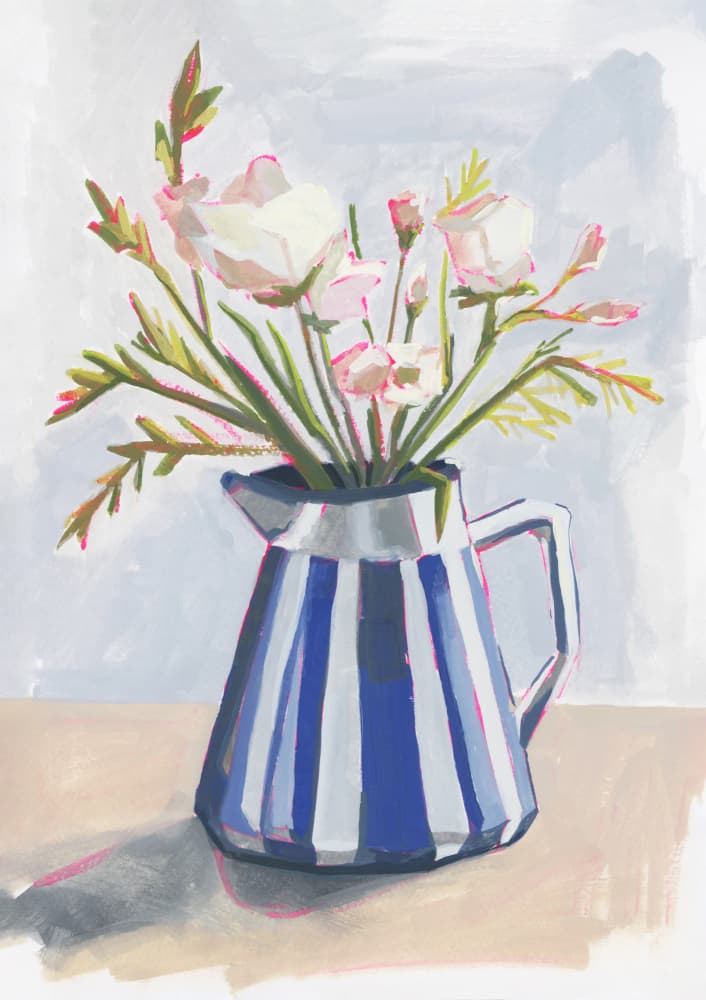Flowers In Striped Pitcher by Lucrecia Caporale — canvas wall art