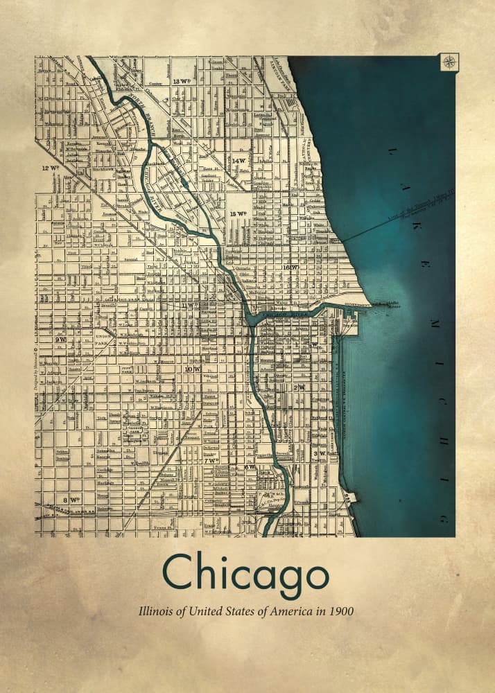 Chicago 1900 City Map by Dion Gem — canvas wall art