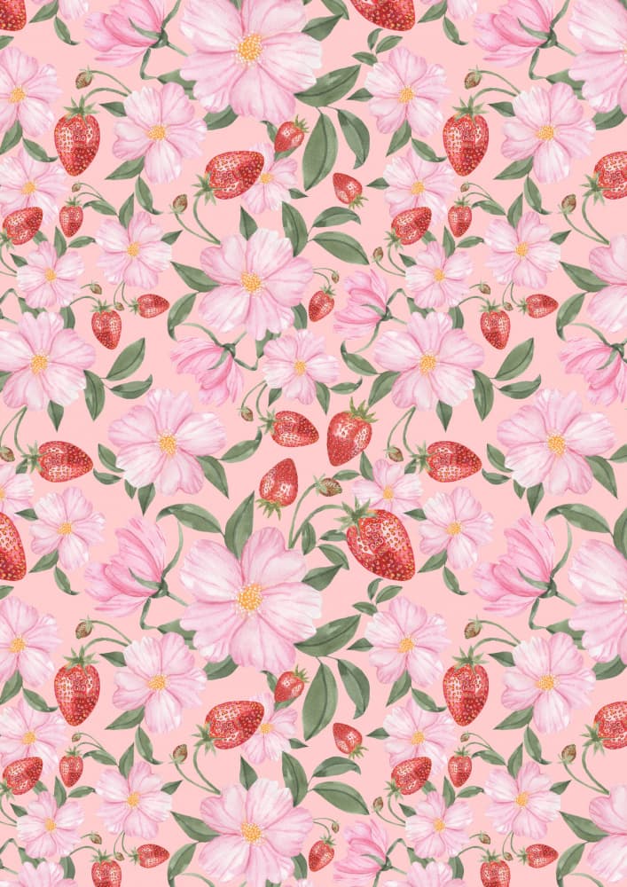 Pink Floral Strawberries by Linda Sitniece — canvas wall art