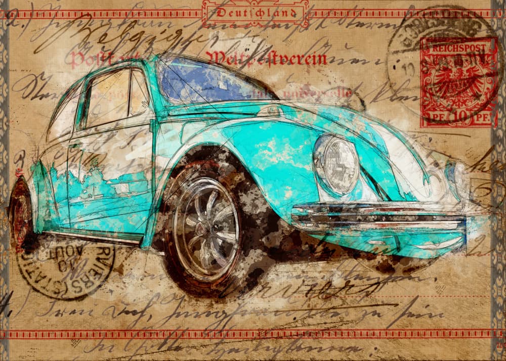 Teal Beetle Postcard by Lembayung senja studio [Vintage Poster] — canvas wall art