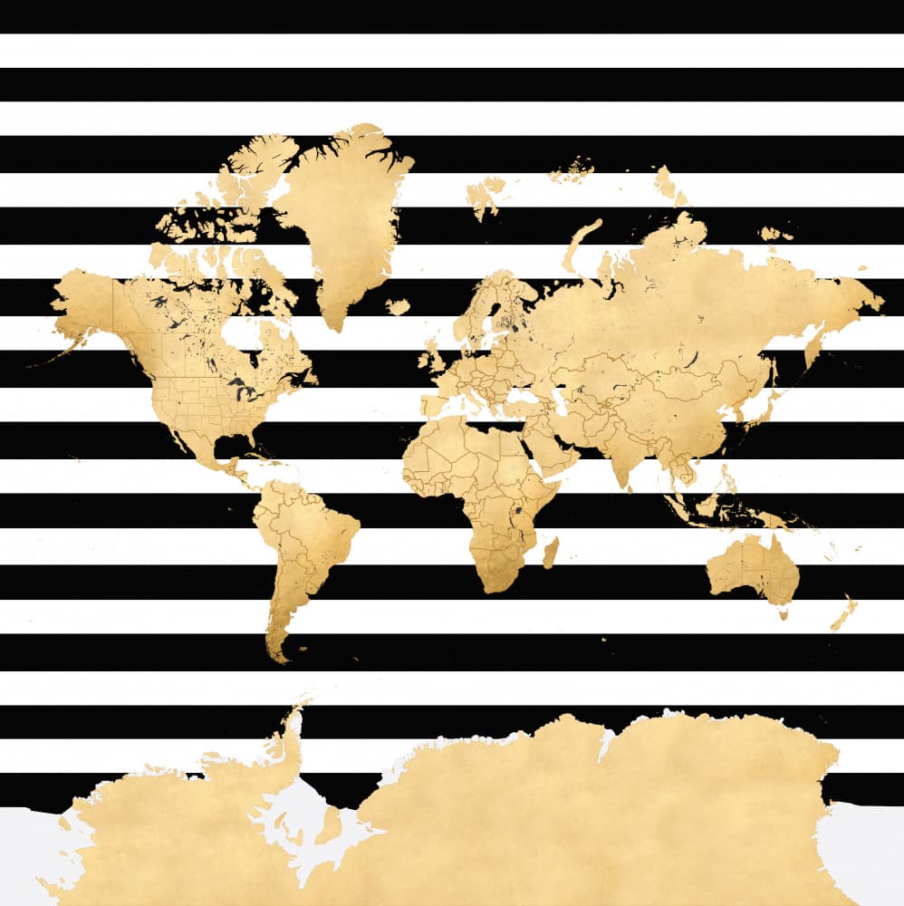 Golden World Map Stripes by Rosana Laiz Blursbyai — canvas wall art