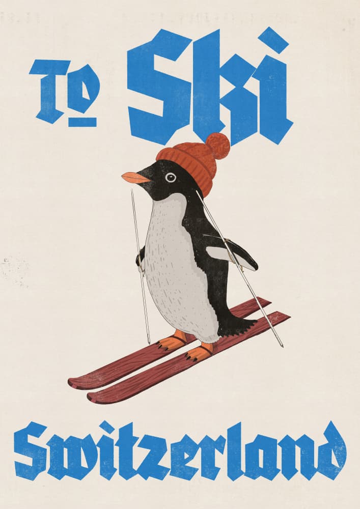 Skiing Penguin Switzerland by Nicholas — canvas wall art