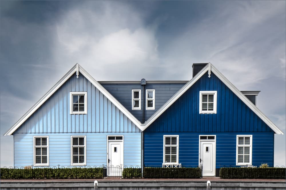 Two Blue Gable Houses by Gilbert Claes — canvas wall art