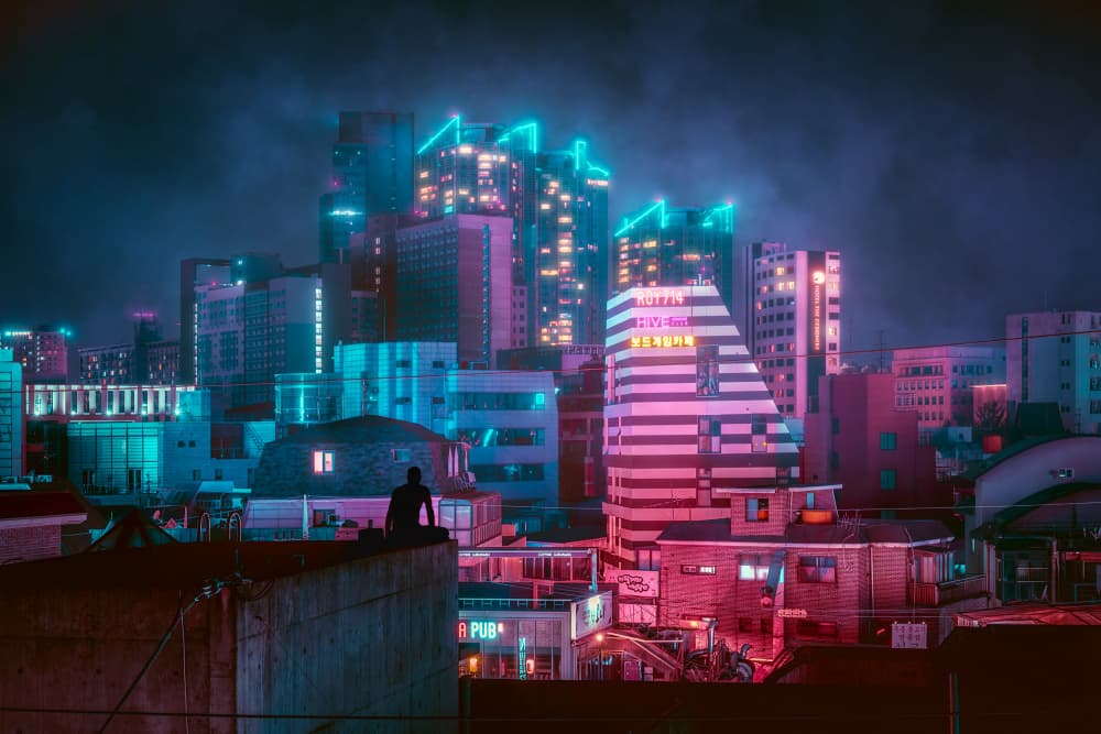 Neon City Rooftop View by Alberto Urra — canvas wall art