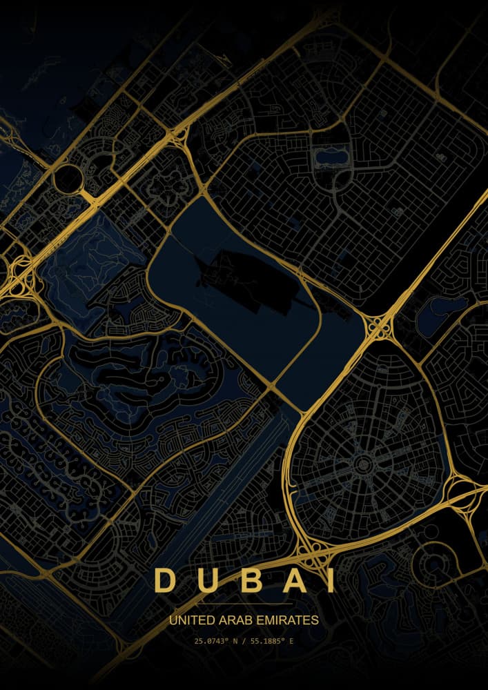 Golden Dubai City Map by HUGO — canvas wall art
