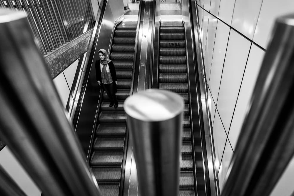 Urban Escalator Journey by Adam Street Photographer — canvas wall art
