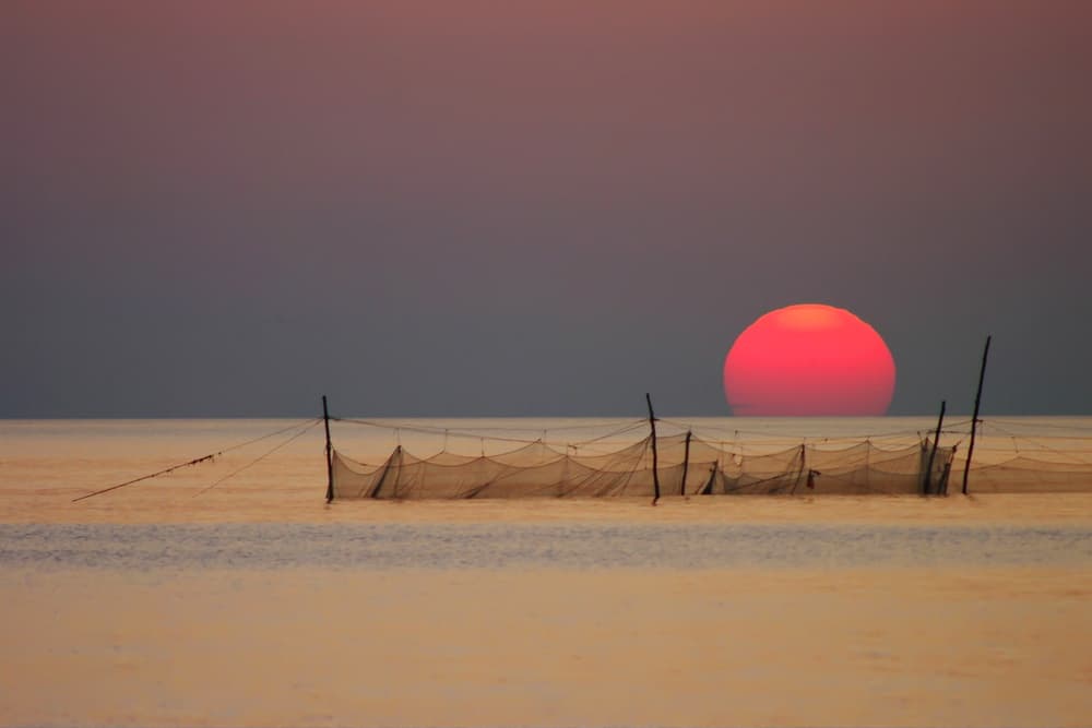 Red Sun Over Fishing Nets by Arsen Alaberdov — canvas wall art