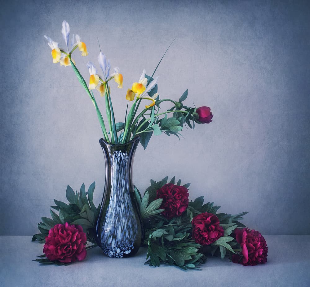 Classic Iris Peony Still Life by Dimitar Lazarov - Dim — canvas wall art