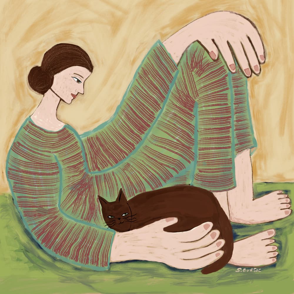 Woman Cuddling Cat by Sharyn Bursic — canvas wall art