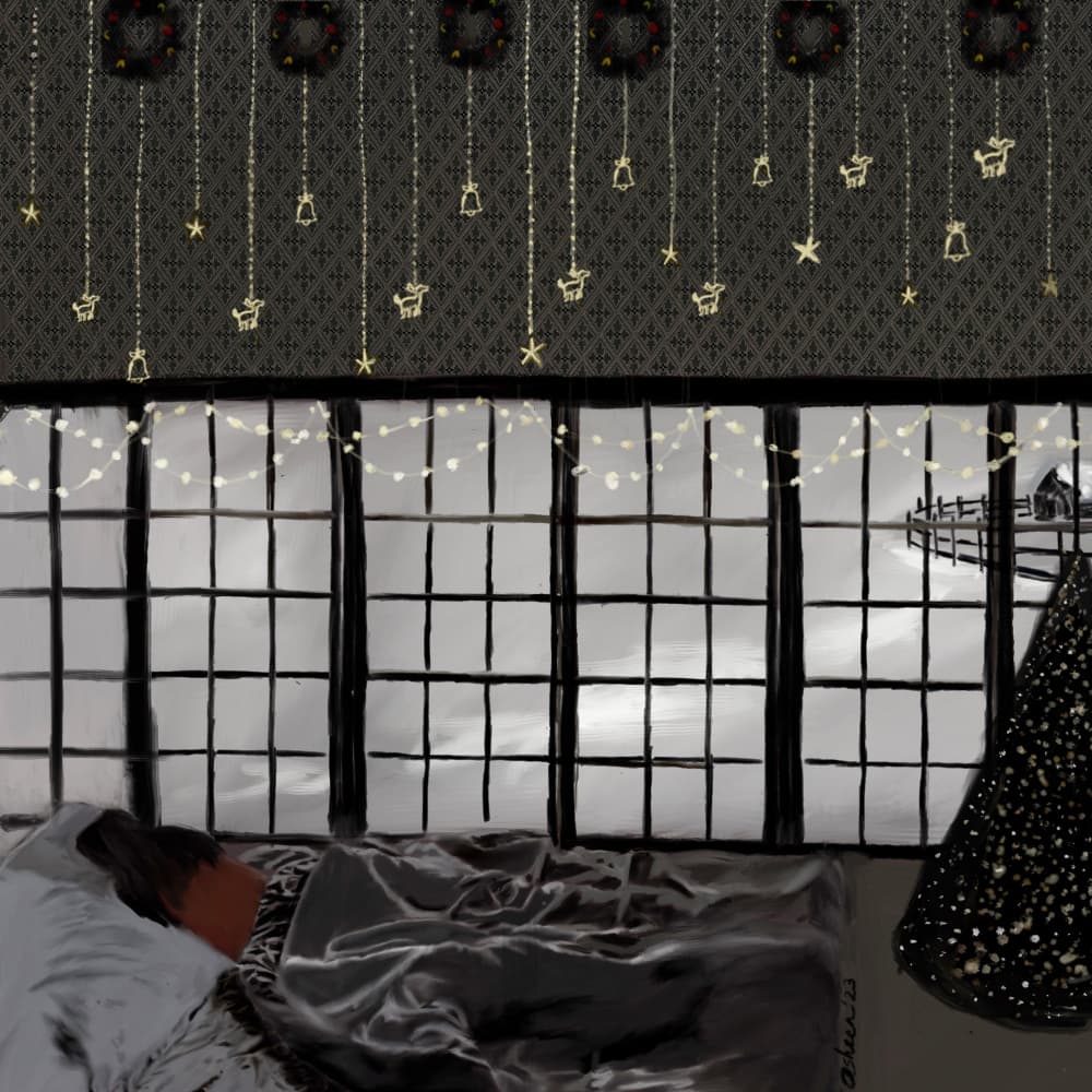 Peaceful Snowy Bedroom by Osheensgallery — canvas wall art