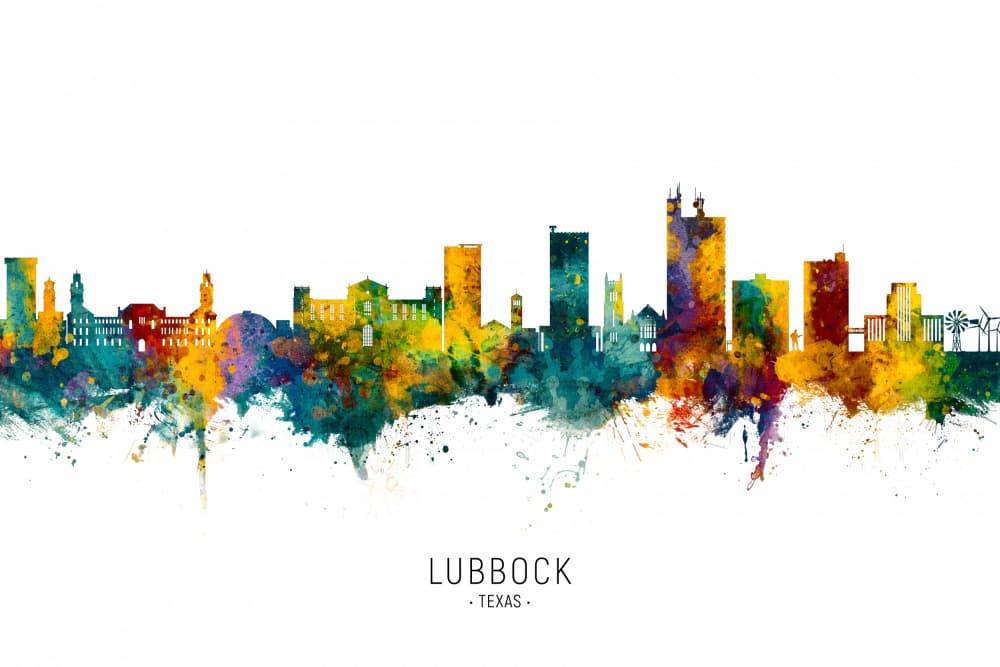 Vibrant Lubbock Watercolor Skyline by Michael Tompsett — canvas wall art