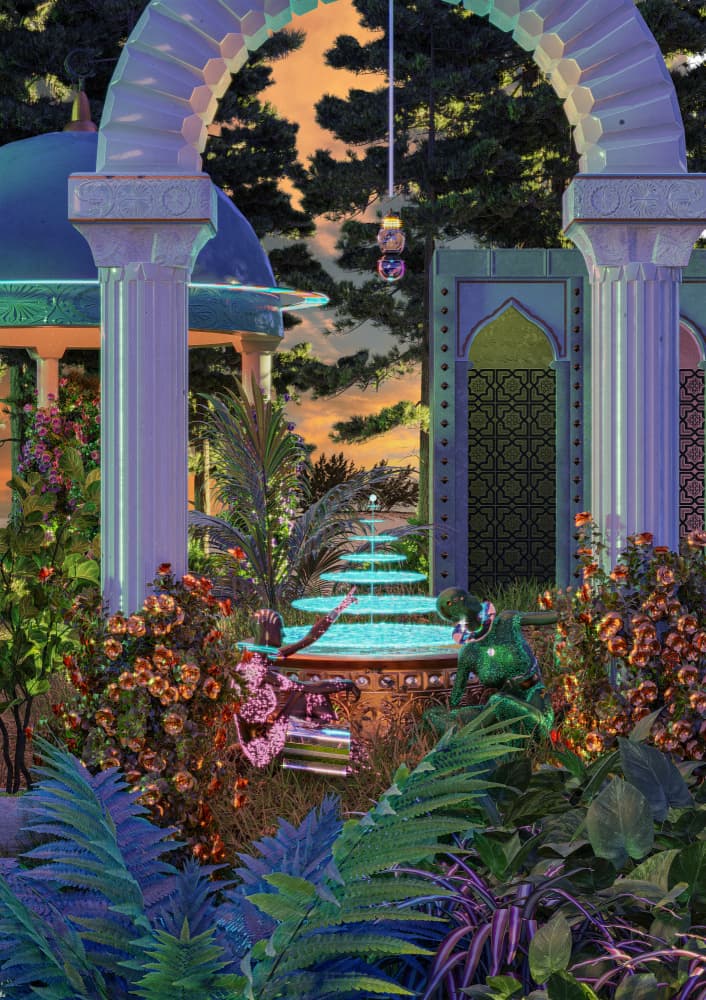 Exotic Garden Fountain Sunset by CosmoZach — canvas wall art