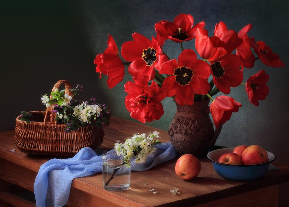 Red Tulips Country Still Life by Tatyana Skorokhod — canvas wall art