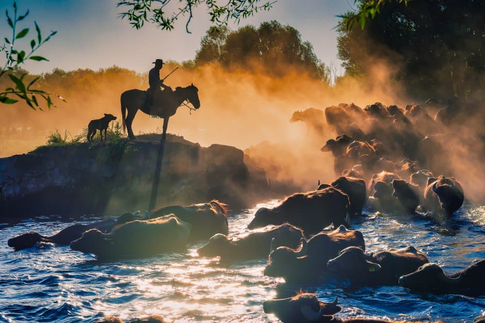 Misty River Buffalo Herd by Meriç Aktar — canvas wall art