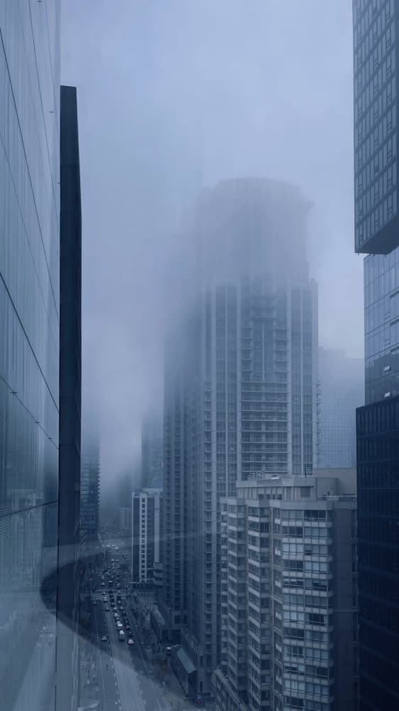 Foggy City Street View by Fan Lin (APA) — canvas wall art