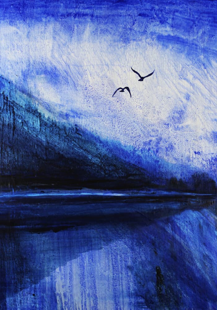 Blue Mountain Lake Birds by RodMacIver — canvas wall art