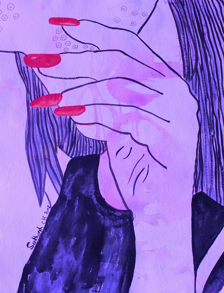 Pensive Woman Red Nails by Santhosh ch — canvas wall art