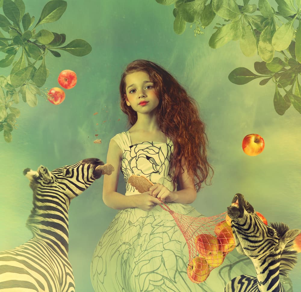 Whimsical Girl and Zebras by Svetlana Melik-Nubarova — canvas wall art