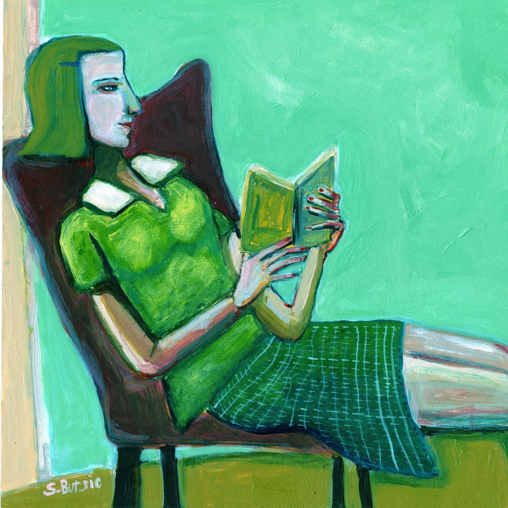 Green Dress Reading by Sharyn Bursic — canvas wall art