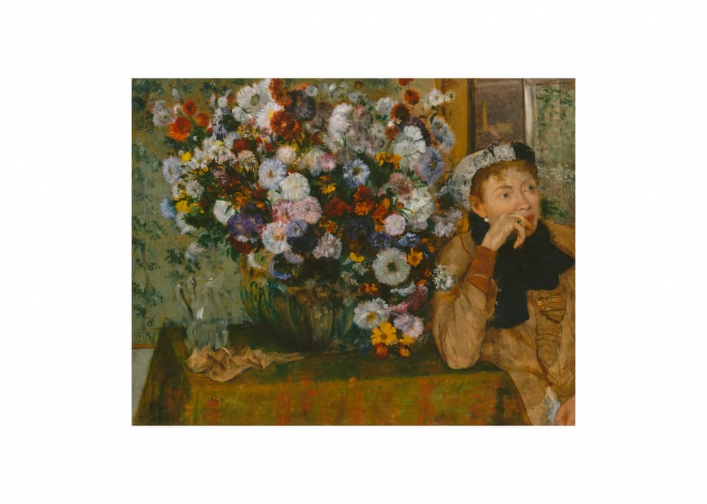 A Woman Seated Beside a Vase of Flowers No.2 by Edgar Degas — canvas wall art