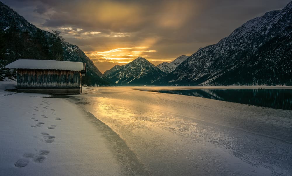 Golden Winter Lake Sunset by Keller — canvas wall art