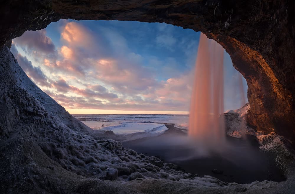Winter Waterfall Cave Sunset by Wojciech Kruczynski — canvas wall art
