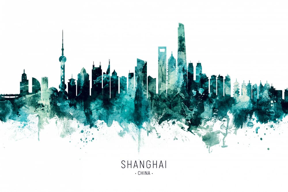 Watercolor Shanghai Skyline by Michael Tompsett — canvas wall art