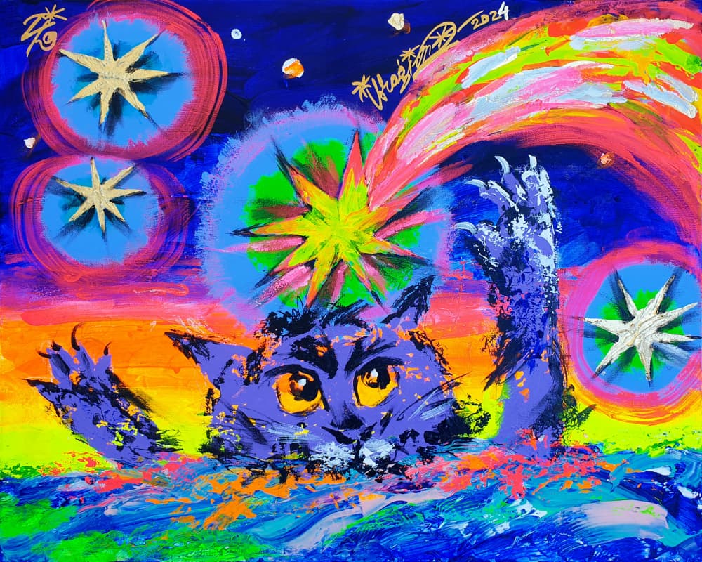 Purple Cat Cosmic Stars by Kanat Ibragimov — canvas wall art