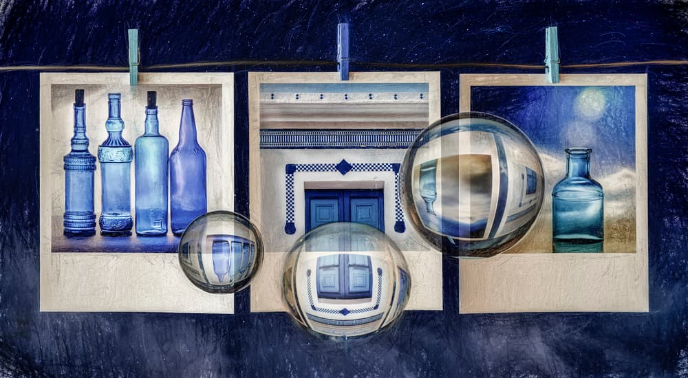 Blue Bottle Reflections by Chechi Peinado — canvas wall art
