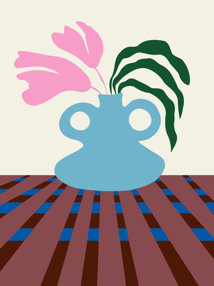 Modern Pink Flowers Blue Vase by Miho Art Studio — canvas wall art