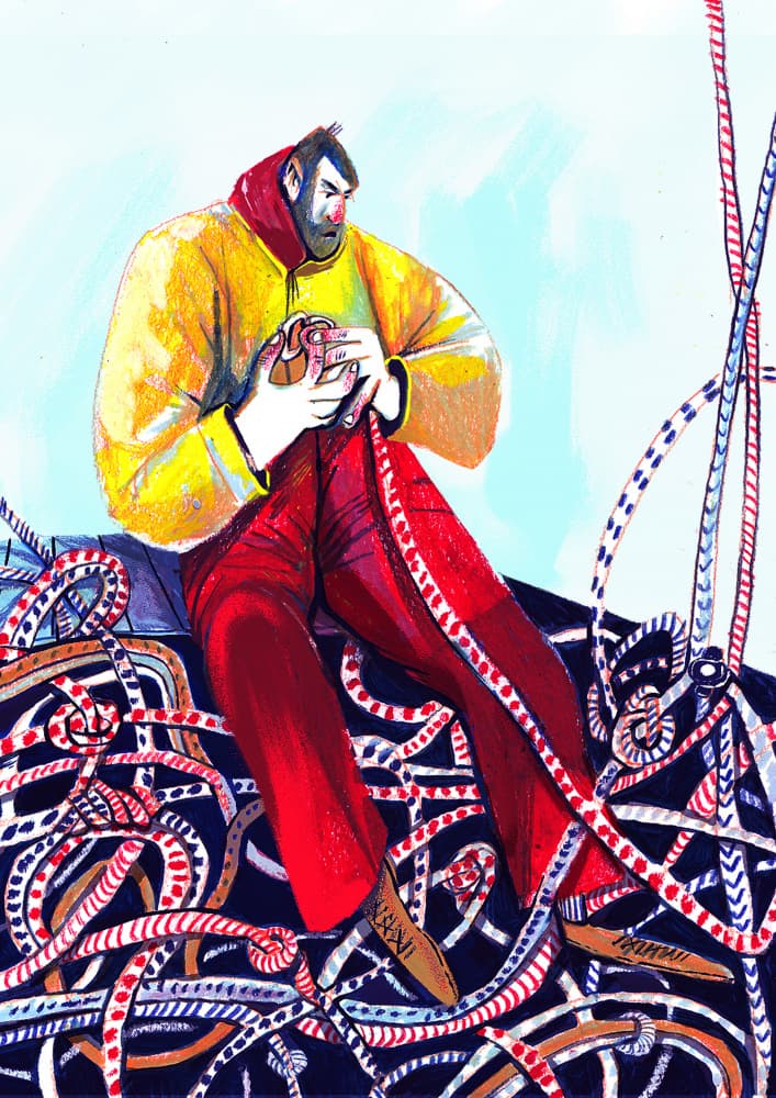 Focused Sailor Untangling Ropes