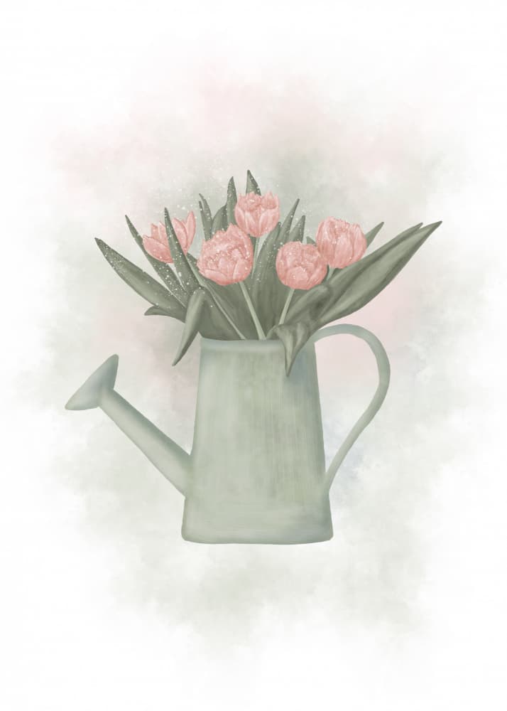 Spring Tulips Watering Can by Aminah Eleonora — canvas wall art