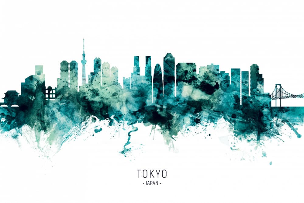 Tokyo Watercolor Skyline by Michael Tompsett — canvas wall art