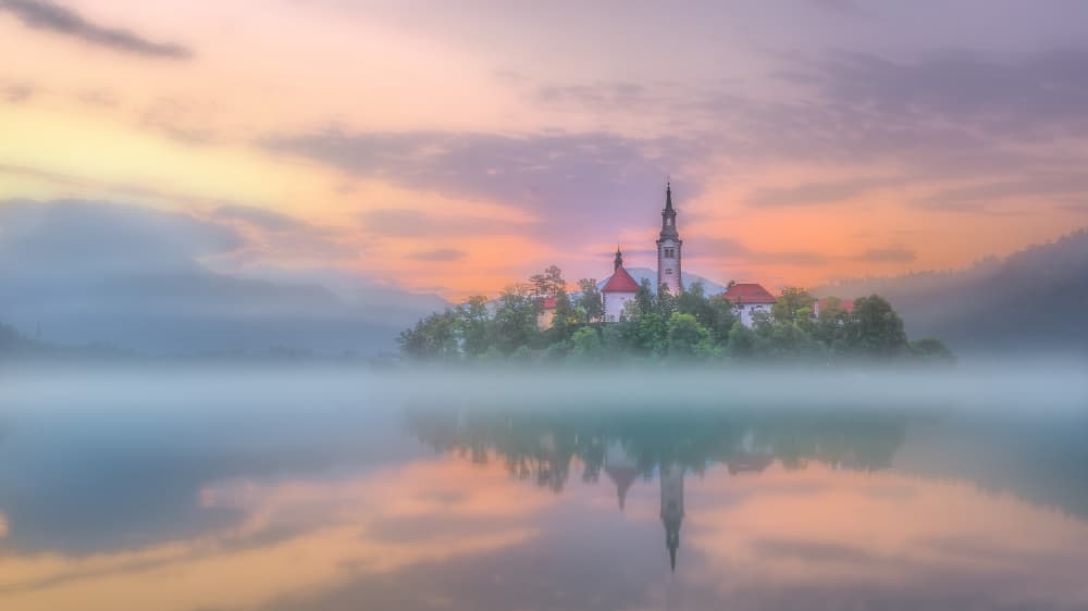 Dreamy Lake Island Reflections by Yun Thwaits — canvas wall art
