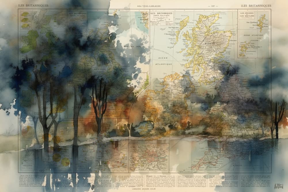 Misty British Isles Map by thomas chedeville — canvas wall art
