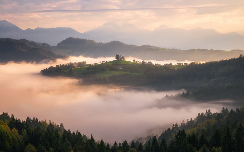 Hilltop Church Golden Mist by Daniel Gastager — canvas wall art