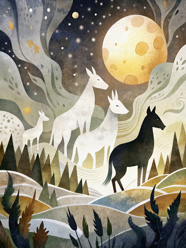 Winter Moon Deer by Miguel Bruzual — canvas wall art