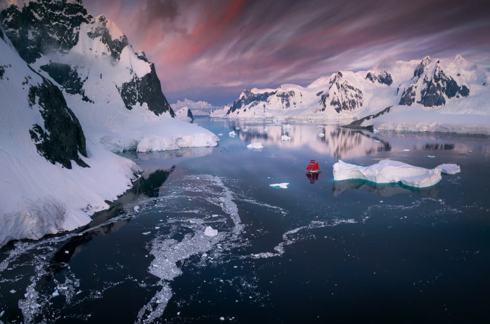 Antarctica Mountains Red Boat by Karol Nienartowicz — canvas wall art