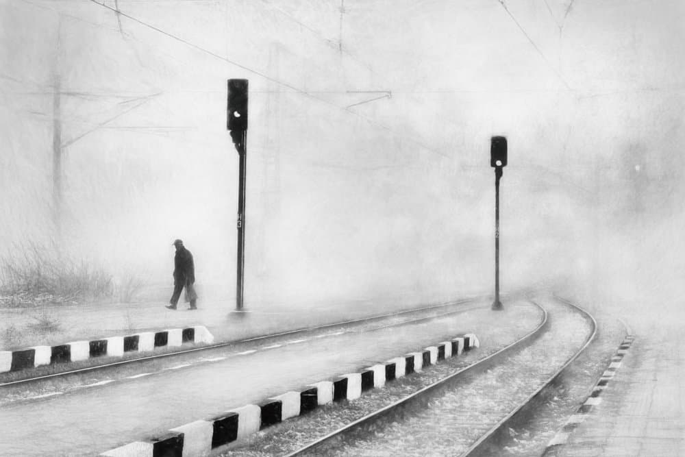 Man on Foggy Tracks by Todor Tanev — canvas wall art