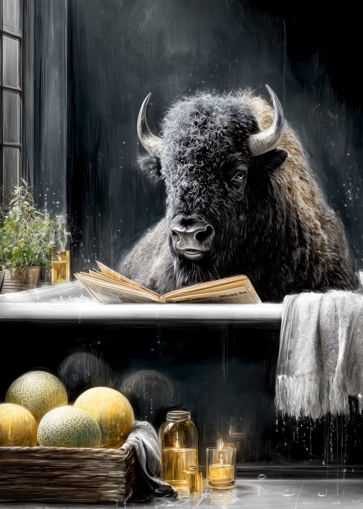 Bison Reading In Bath by Justyna Jaszke — canvas wall art