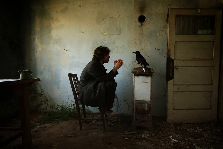 Man and The Raven by mario grobenski - psychodaddy — canvas wall art
